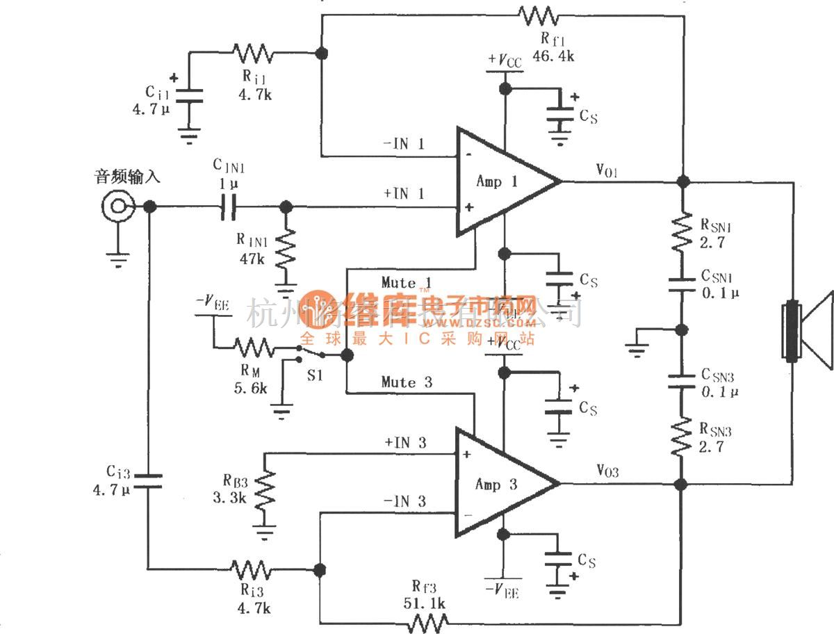 集成音频放大中的由LM4781内部两个放大器构成的电桥输出的音频功率放大电路 将睿