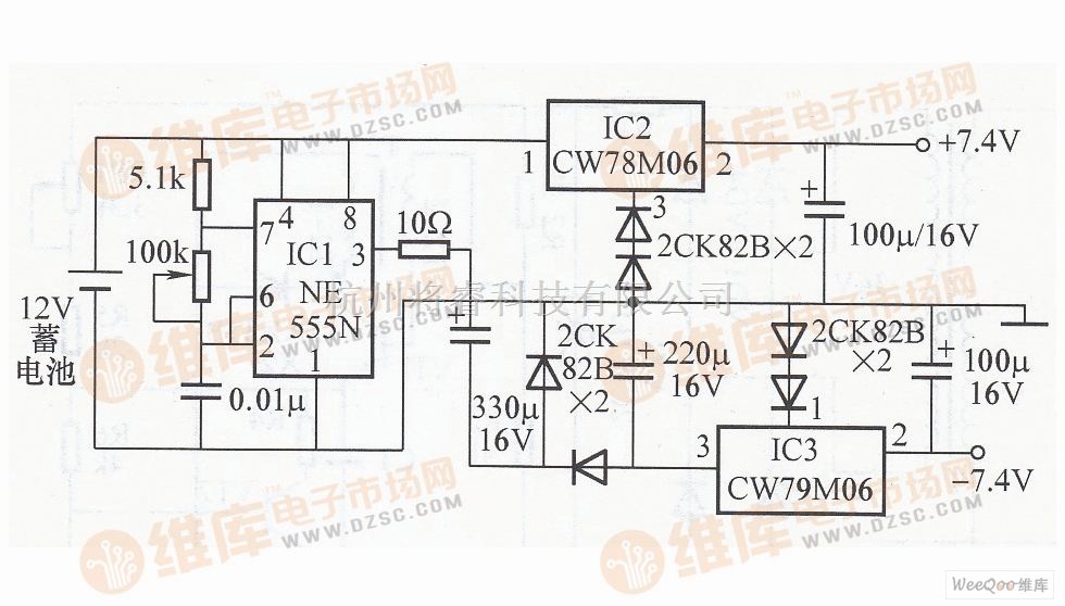 稳压电源中的单只蓄电池供电的正负稳压电源电路图 将睿