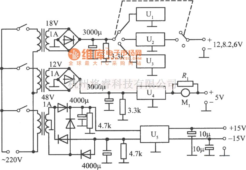 稳压电源中的lm340系列构成的多路稳压电源电路图 将睿