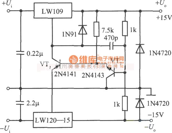 稳压电源中的±15v跟踪稳压电源之一电路图 将睿