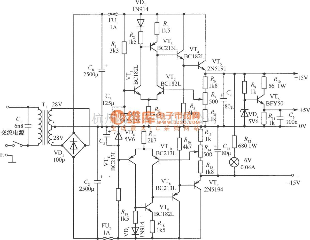 电源电路中的±15v、5v三种输出稳压电源电路 将睿