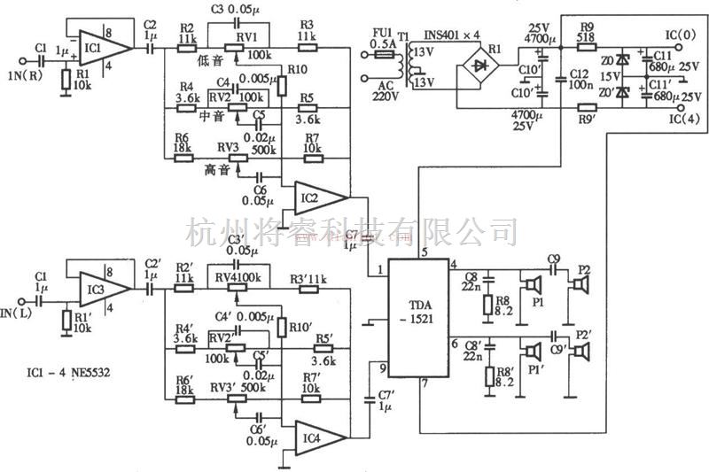 音频电路中的基于TDA1521的立体声一体化有源音箱电路 - 将睿