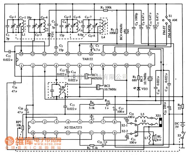 語音電路中的ta8122an,ta8122af單片收音集成電路圖