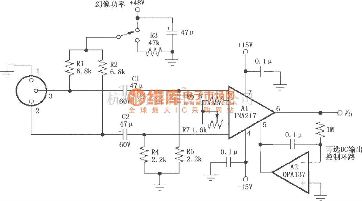 Ina217 仪表放大器中的由INA217构成的专业级微型话筒(麦克风)前置放大典型电路 - 将睿