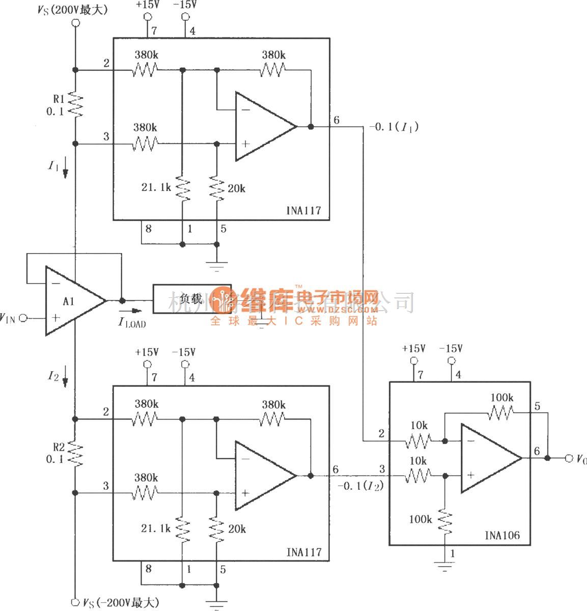 Ina106 仪表放大器中的利用INA117组成的负载电流测量放大器 - 将睿