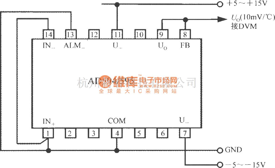 传感信号调理中的由热电偶冷端温度补偿器AD594/595构成的摄氏温度计电路 - 将睿